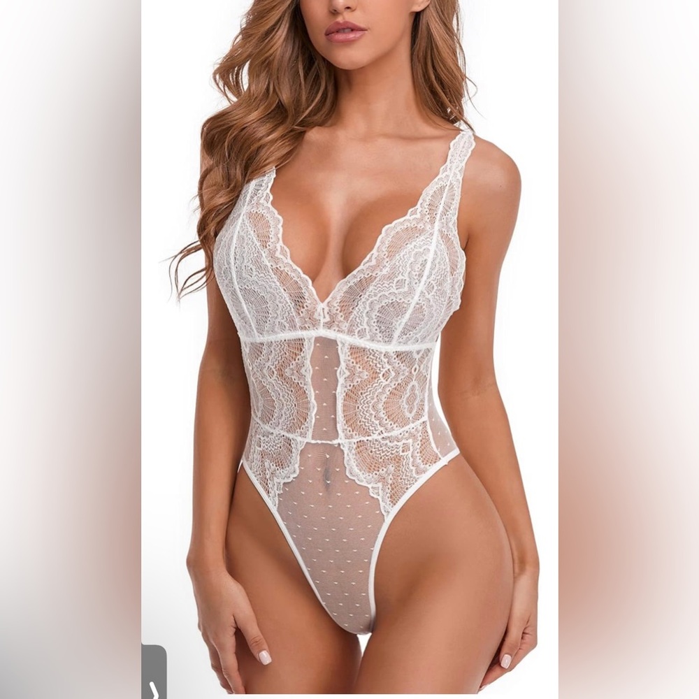 Women Lingerie Lace Bodysuit Deep V Neck Dobby Mesh Body Suits Teddy S